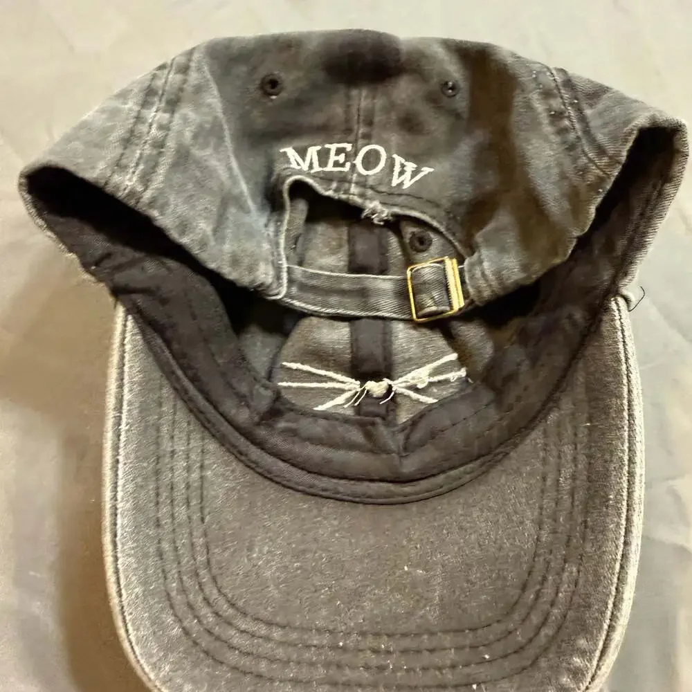 Francesca’s MEOW Cat Whiskers Washed Black Adjustable Dad Hat Distressed